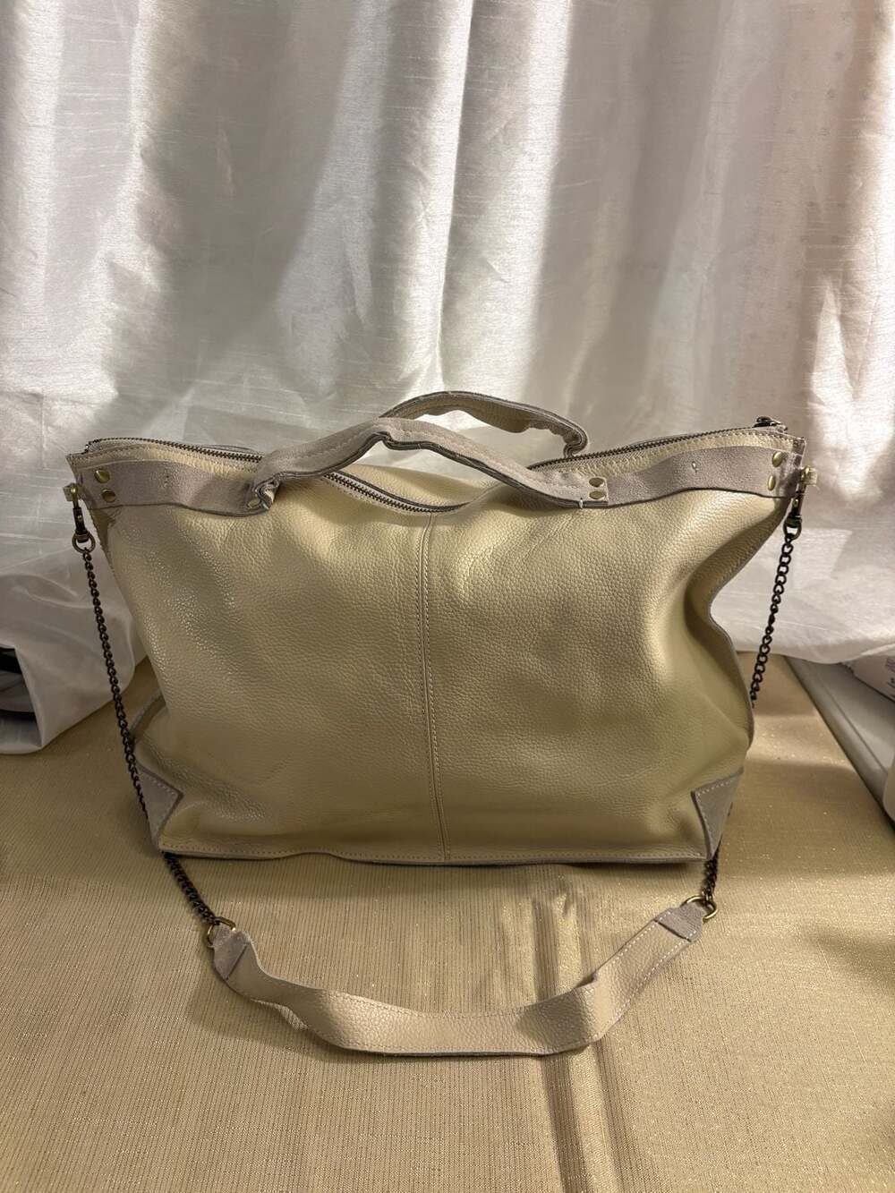 Jo Handbags Beige Pebbled Leather Shopper Tote Shoulder Bag